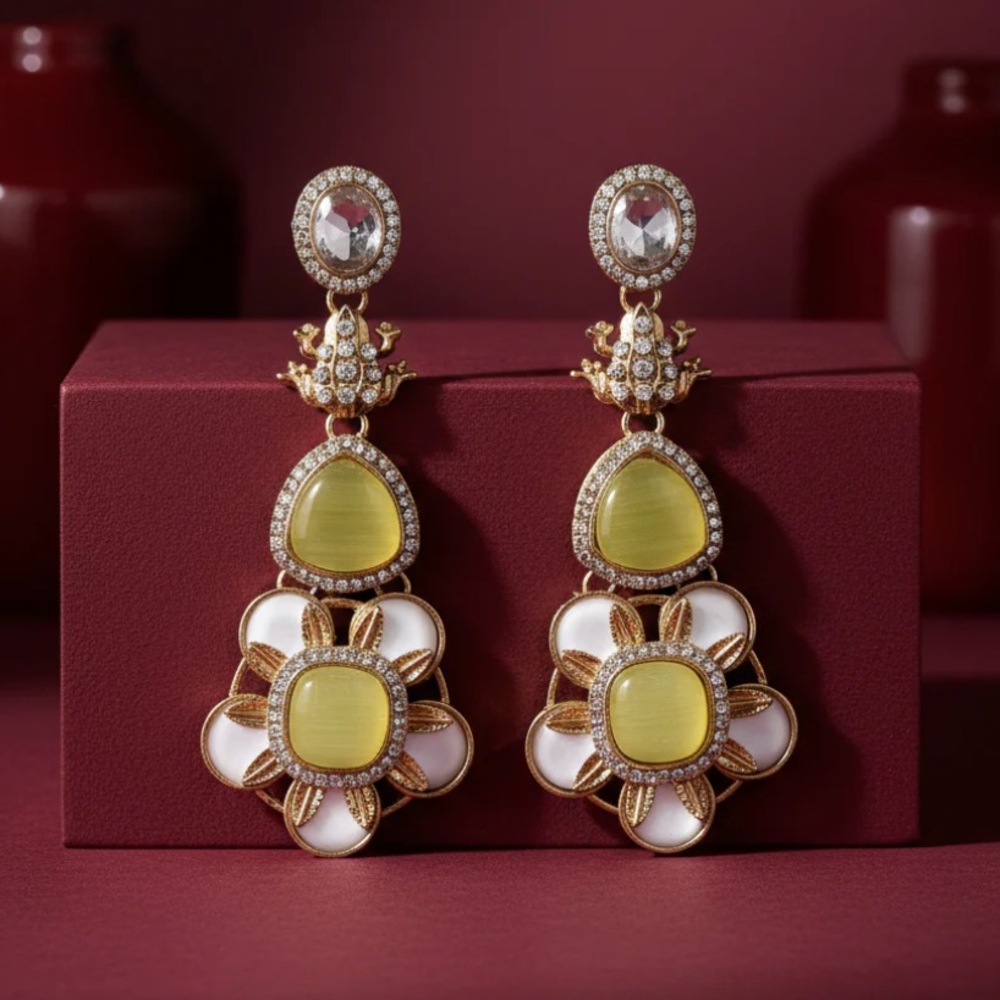 Yellow Designer Earrings w/ Monalisa and Zircone Stone Detailing